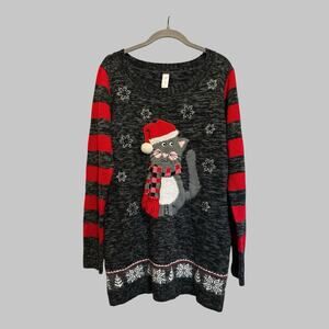 Ugly Christmas Sweater Oversized Cat Santa Hat Snowflake Holiday Tunic Sweater L